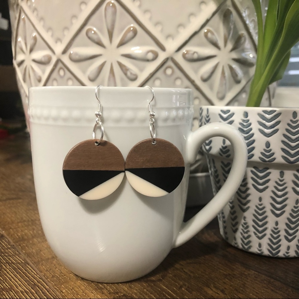 Round wood and resin color block earrings